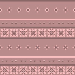 Ornamental backdrop. Seamless raster decorative pattern with lines, geometric and floral elements. Traditional motif in pink shades.