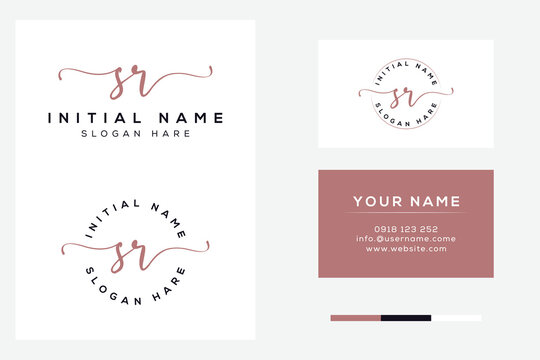 Simple elegant initial sr handwriting logo with business card template