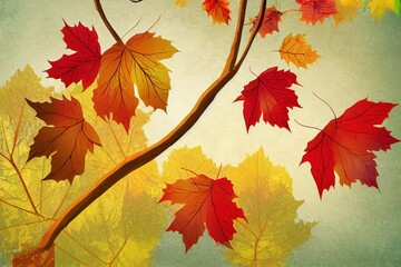 Autumn natural background, design, banner, or template. Yellow and red maple leaves are flying and falling down. autumn landscape with bright colorful leaves. Indian summer. foliage.