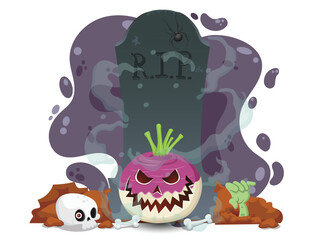 Halloween Turnip in the old days element with skull bone with background spider on tombstone. Vector illustration