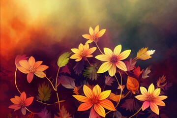 Beautiful fairy dreamy magic autumn flowers with dark leaves background. High quality illustration