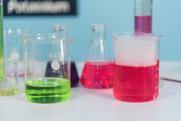 Science chemistry glass tubes objects on lab background. Liquid tube biology laboratory chemical fluid scientist object testing tubes medical glassware. Chemistry scientific pharmaceutical background