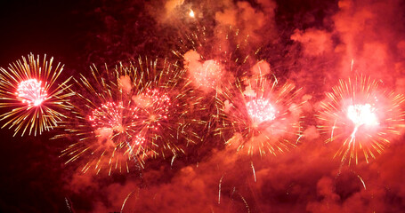 Red Firework celebrate anniversary happy new year 2023, 4th of july holiday festival. red firework...