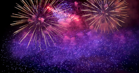 Purple Firework celebrate anniversary happy new year 2023, 4th of july holiday festival. Purple firework in night time celebrate national holiday. Violet firework Countdown to new year 2023 festival