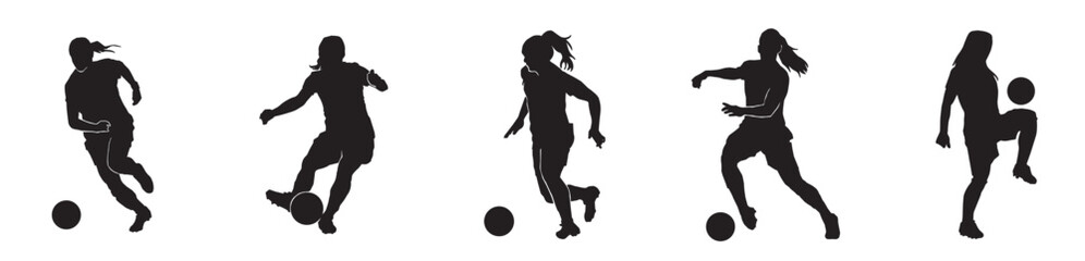 Female football set. silhouette of athlete soccer players with ball in motion, action isolated on white background.