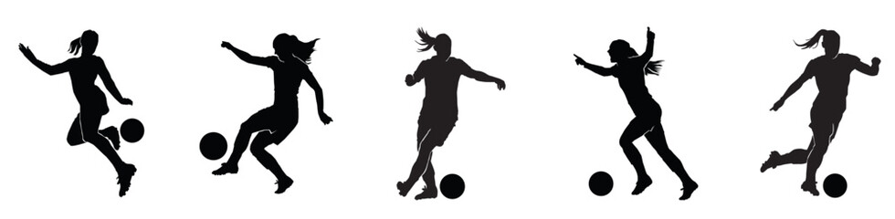 Fototapeta na wymiar Female football set. silhouette of athlete soccer players with ball in motion, action isolated on white background.