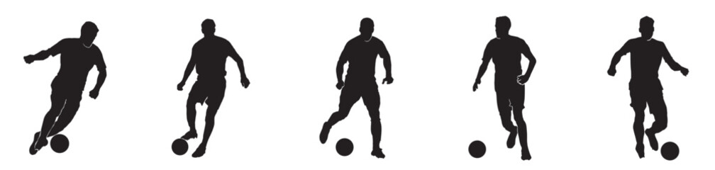 Male football set. silhouette of athlete soccer players with ball in motion, action isolated on white background.