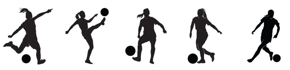 Female football set. silhouette of athlete soccer players with ball in motion, action isolated on white background.