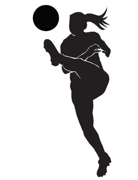 recommend clip art: Female football. silhouette of athlete soccer players with ball in motion, action isolated on white background.
