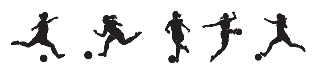Fototapeta na wymiar Female football. silhouette of athlete soccer players with ball in motion, action isolated on white background.