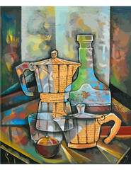 Cubist Still Life with Coffee Maker