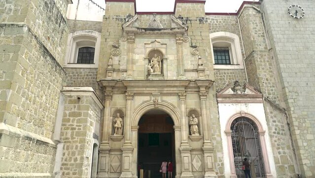 Dolly in slow motion of Basilica of Our Lady of Solitude is a Roman Catholic Basilica with Baroque style built in 1682, next to Dance Square and Municipal Palace. Oaxaca, Mexico.