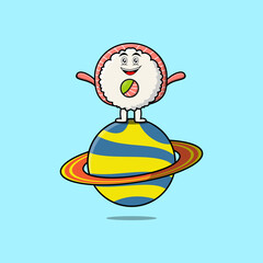 Cute cartoon Rice sushi rolls sashimi character standing in planet vector icon illustration