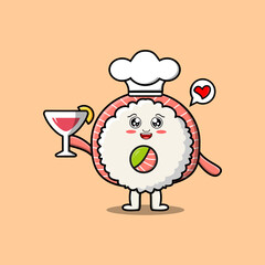Cute cartoon Rice sushi rolls sashimi chef character holding wine glass flat cartoon style