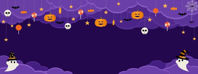 Obraz na płótnie Canvas Happy Halloween banner vector illustration, dark night sky witch purple clouds, cute ghost wear witch hat, pumpkins, spooky skull, spider web, candy, black bat and star, Autumn holiday celebration.