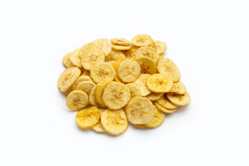 Banana slice chips on white background.