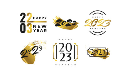 Set of 2023 Happy New Year Logo Text Design with Golden Brush. 2023 Happy New Year Symbol Isolated on White Background. Usable for Label, Calendar Design or Celebration Card