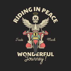 Cartoon emblem of skeleton angel mascot riding motorcycle with retro style