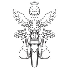 Coloring illustration of cartoon skeleton angel mascot riding motorcycle