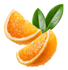 Orange isolated. Ripe juicy orange slices on a white background. Fruit levitation.