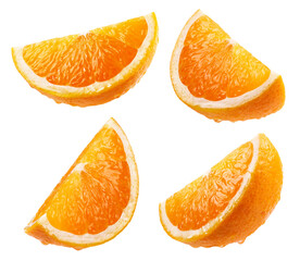 Orange isolated set. Collection of ripe juicy orange slices in water drops on a white background.