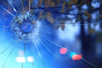 abstract simulation blurred view of the city bullet holes on the window glass, shooting war background attack