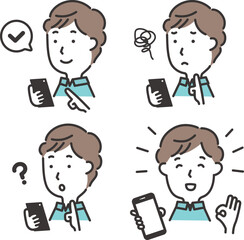 スマホを操作する男性のイラスト 表情セット