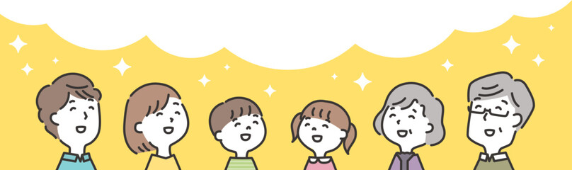 笑顔の三世代の家族のイラスト 背景フレーム素材　線画タッチ