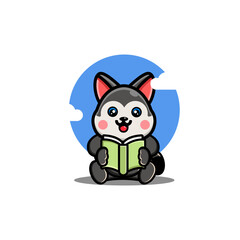 Cute husky reading book cartoon icon illustration