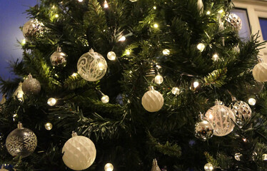 Christmas tree decorations out focus baubles defocused blurred