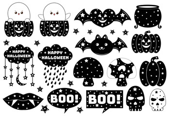 Hand draw colorless Halloween element. Colorless doodle Halloween elements. Doodle elements. 