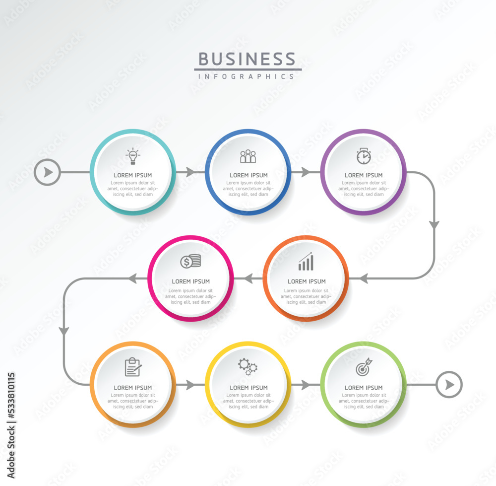Wall mural circular connection steps business infographic template with 8 element