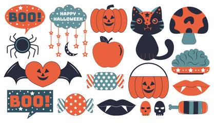 Naklejka premium Halloween set of patches in cartoon comic style. Hand draw doodle Halloween elements.