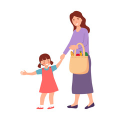 Mother and child holding hands walking together in flat design on white background.