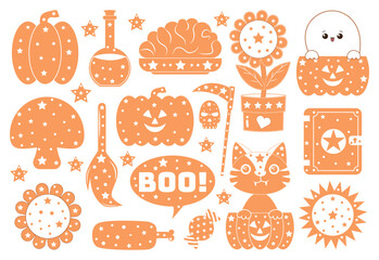 Hand draw doodle Halloween elements. Doodle Halloween elements sticker pack. Hand draw doodle set.Halloween set of patches in cartoon comic style.