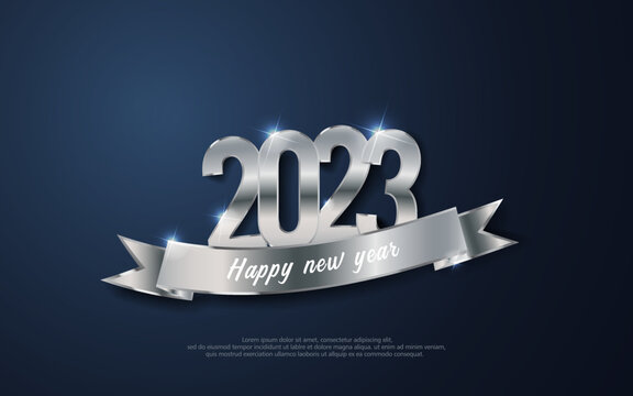 Happy New Year 2023. metal number and ribbon on bule gradient background.