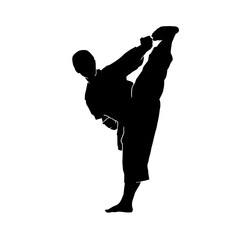 silhouette of a male athlete kata karate vector illustration. man Dressed In Traditional Kimono Practicing His Karate Moves