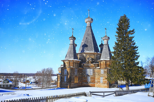 wooden church in the Russian north landscape in winter, architecture historical religion Christianity