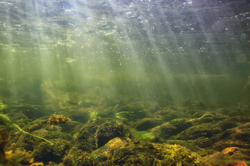 Fototapeta na wymiar sun rays under water landscape, seascape fresh water river diving