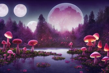 Fantasy mushrooms with lanterns in magical enchanted fairy tale landscape with forest lake, fabulous fairytale blooming pink rose flower garden on mysterious background, glowing moon ray in dark night