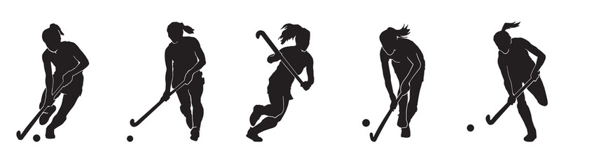 Set of female field hockey athlete silhouette