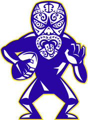 Maori Mask Rugby Player Running With Ball Fending
