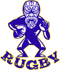 Maori Mask Rugby Player Running With Ball Fending
