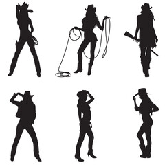 Set of beautiful cowgirl silhouette on white background