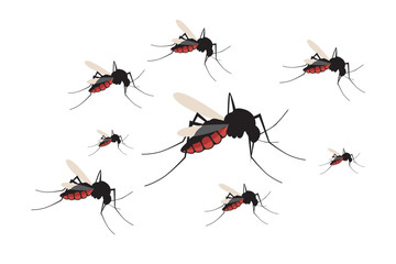 Mosquito vector. Mosquitoes bite humans. Flying insect illustration. Malaria plague insects