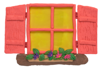 Rustic wooden window with beautiful flowers made of plasticine, isolated on transparent background. Plasticine handmade design elements. Open wooden window with flower pot. City ​​window art