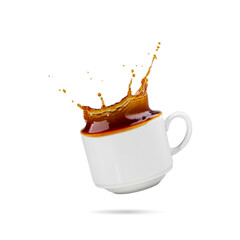 Falling coffee cup isolated on white. Cup of coffee splashes while falling. Splash in white coffee cup. Hot beverage splashing, food levitation