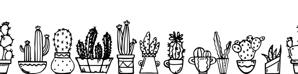 Cacti indoor plants in pots. Bottom border seamless. Exotic home thorns. Outline hand drawn sketch. Drawing with ink. Isolated on white background. Vector.