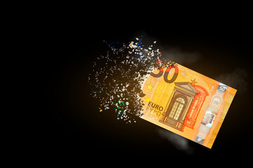 50 euro bills scattered in the air. money inflation concept. the disappearance of banknotes, hyperinflation. financial crash, euro banknotes, high living costs.