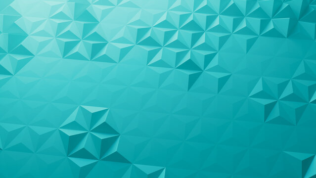 Turquoise Three-Dimensional Surface with Triangular Pyramids. Futuristic, Atmospheric 3d Wallpaper.